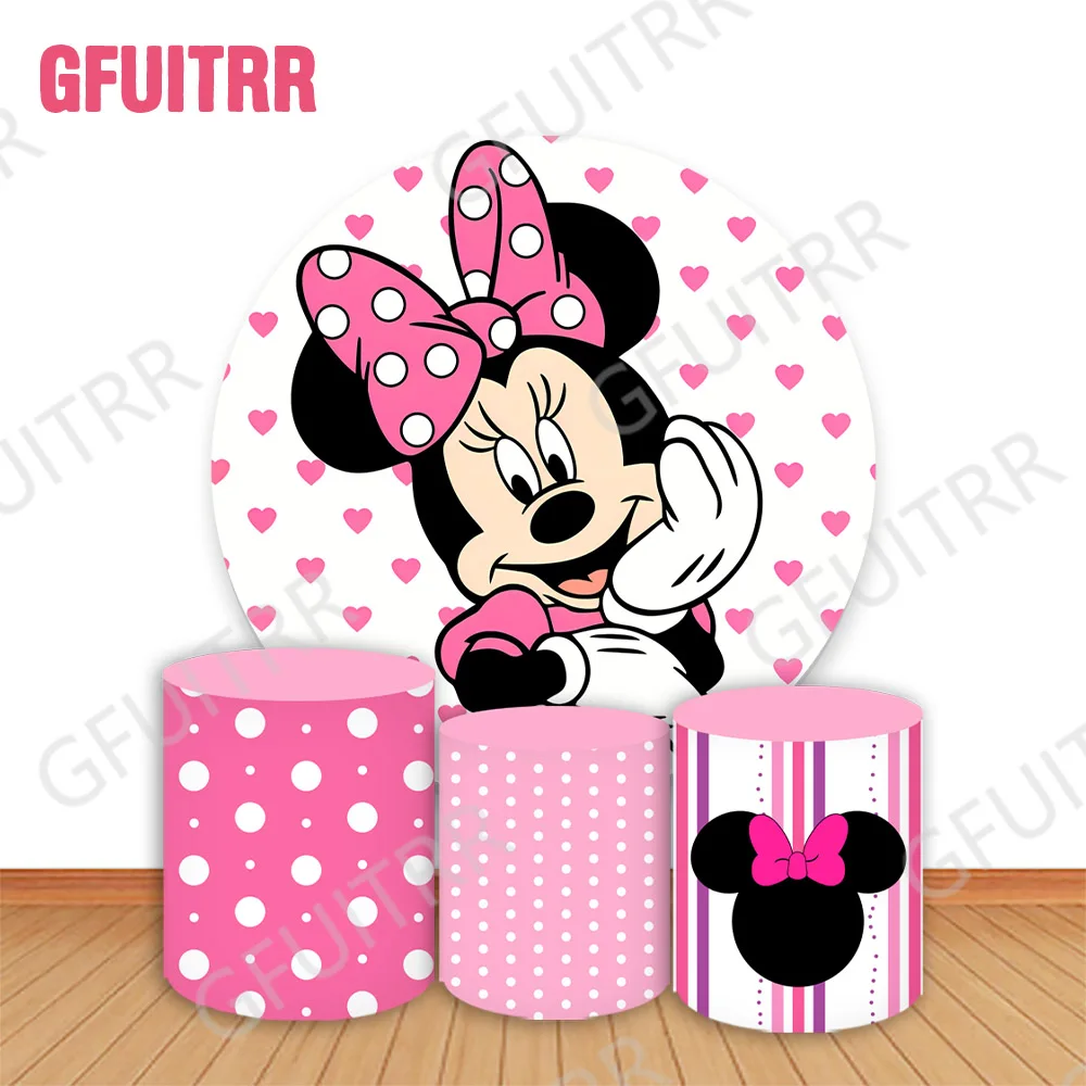 Disney Minnie Mouse Round Backdrop Girls Birthday Party Decor Pink Heart Circle and Cylinder Covers Baby Shower Photo Background