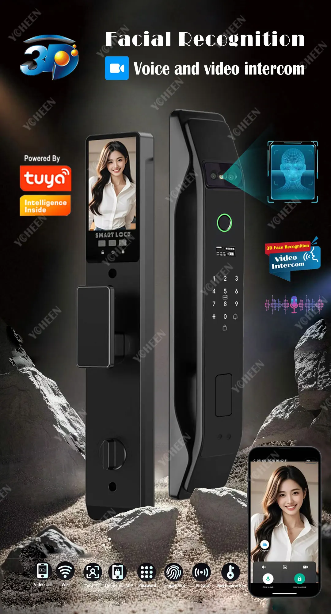 Tuya Wifi App Gesicht Polyglot Elektronisches Türschloss Fingerabdruckerkennung Passwort Intelligentes digitales Schloss Schlüsselkarte 6068, Einsteckschloss – Detail 1