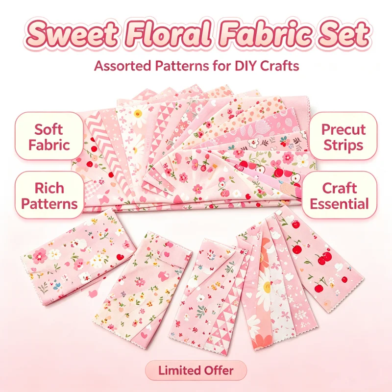 Sweet Pink Cherry Floral Printed Cotton Fabric Bundles 6.5cm Width Precut Strips for Junk Journal Patchwork DIY Handmade