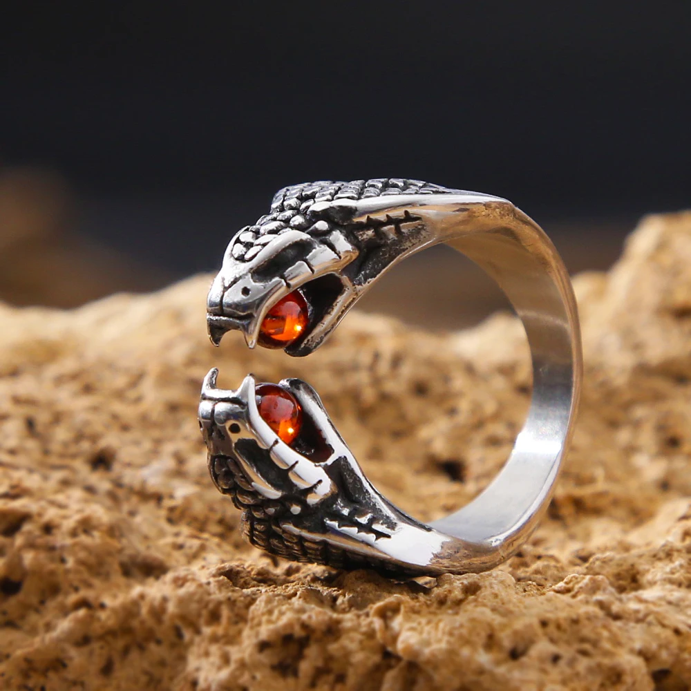 

Punk Red Stone Animal Snake Ring For Men Women Stainless Steel Opening Adjustable Ring Gothic King Cobra Ring Wholesale