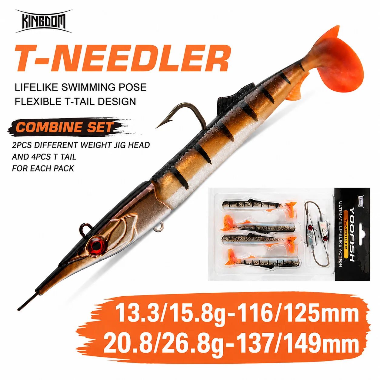 KINGDOM T-NEEDLER Jigkopf-Softköder-Set 2 Jigköpfe + 4 T-Tail PVC Soft Sinking Swimbait für Wolfsbarsch-, Salz- und Süßwasserfischerei