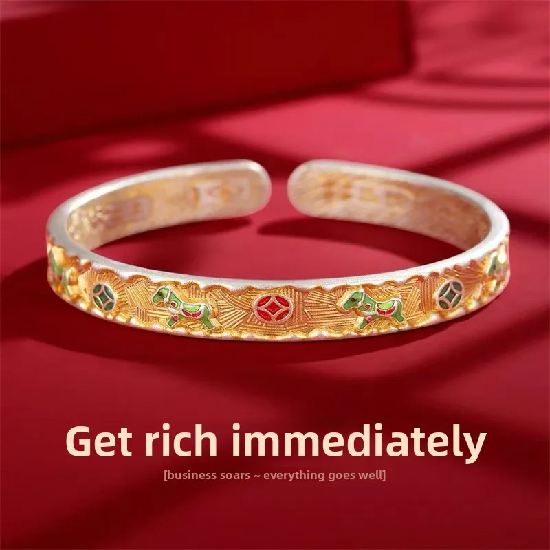 

Handmade 999 Sterling Silver Enamel Couple Bracelets Vintage Gold Plated Luxury Jewelry Gift for Women Men Wedding Anniversary