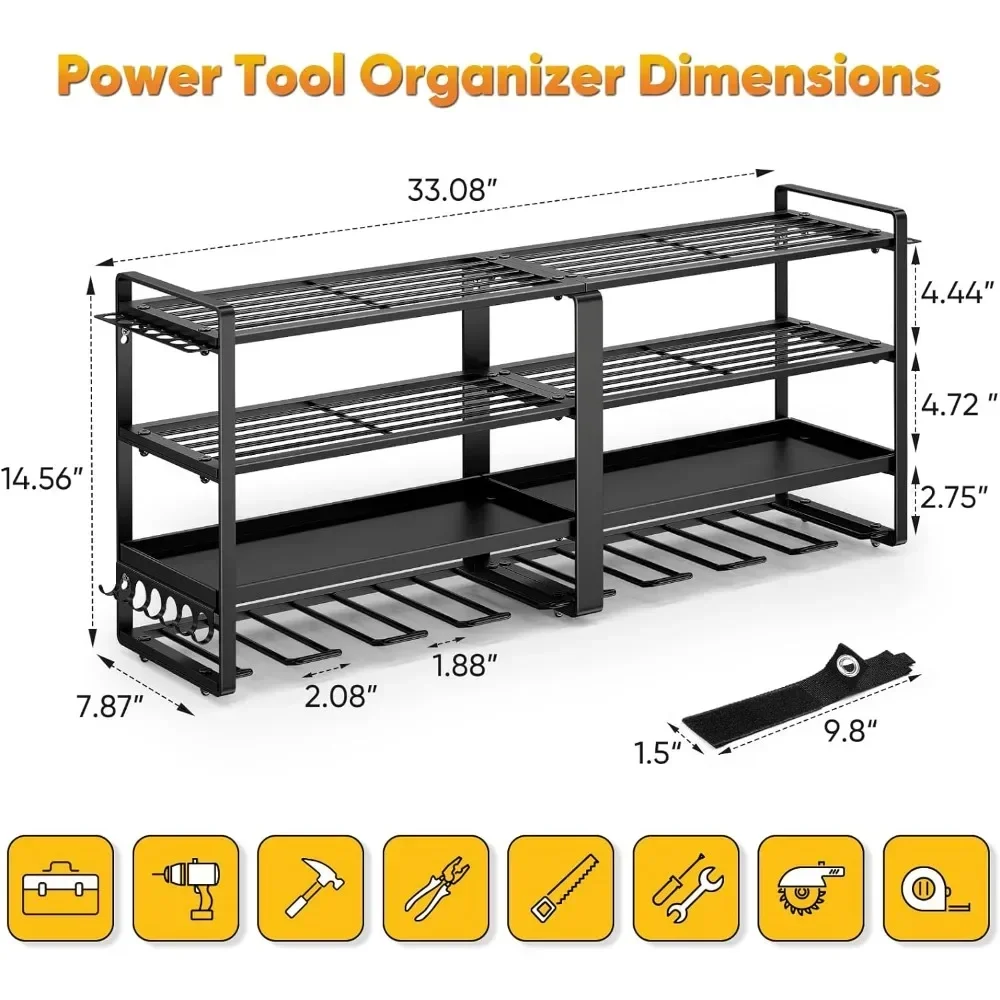 Organizador de herramientas eléctricas de montaje en pared, 8 portabrocas, grande, extendido, resistente, 4 capas, organizador de herramientas de garaje y almacenamiento