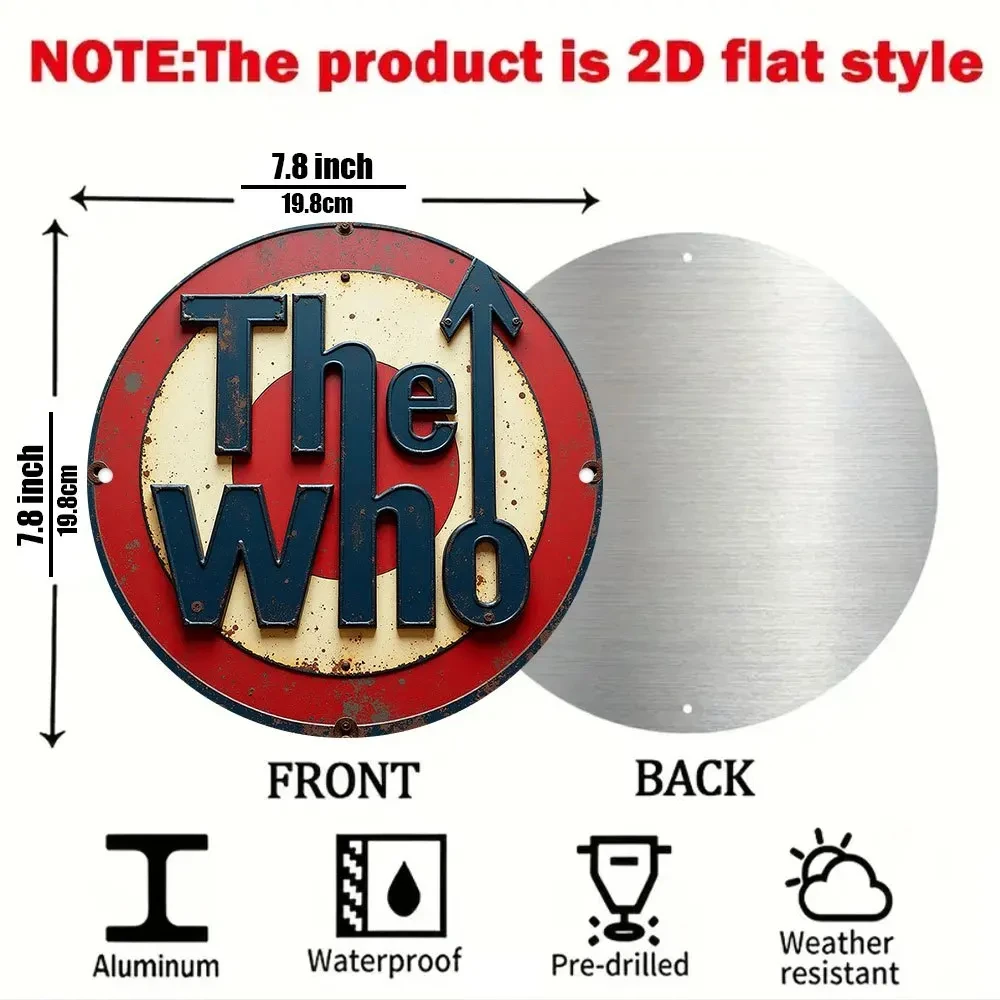 Vintage 2D Flat the Who Round Tin Sign, Retro Rock Band Bullseye Style Wall Decoration, Suitable for Men's Private Spaces, Music Studios, Home Bars, and as a Gift for Rock Fans