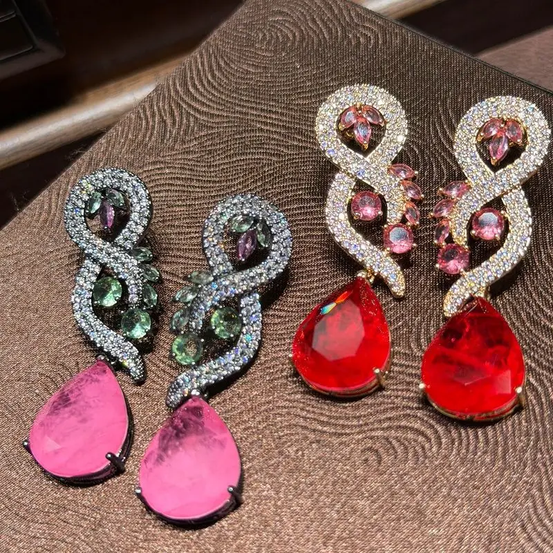 Sparkling Twisted Infinity Design Cubic Zirconia Earrings Ladies Multicolor Stone Teardrop Pendant Dangle Earrings Fashion Daily