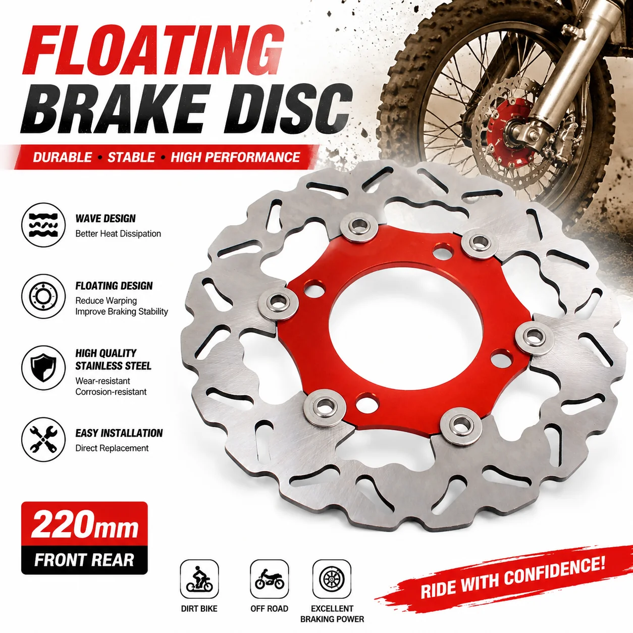 Motorcycle 220mm 4-Hole CNC Floating Brake Disc Powersports Parts For CRF50 Yamaha SSR Surron Bike ATV Pit Dirt Bike Accessories