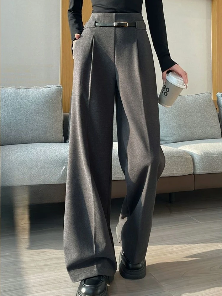 Pantalones de cintura alta para mujer, pantalón grueso de lana informal, holgado, largo completo, con botones, cintura alta, elegante, pierna ancha, otoño e invierno, 2025
