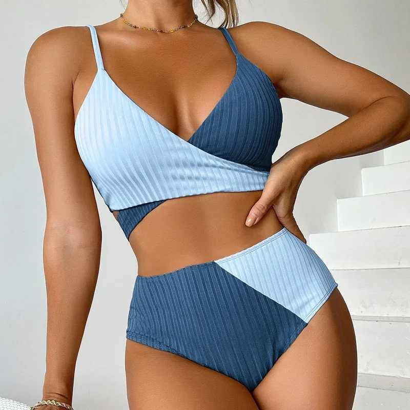 2025 New 2-piece High Waist Swimsuit for Women,patchwork,cross V-neck Bikini,suspender Backless Swimwear,Adjustable Strap