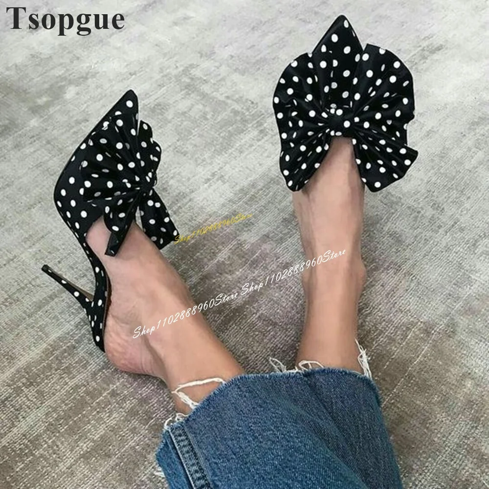 Stylish Black Dot Bowknot Decor Casual Slippers Thin High Heel Women Shoes Slip On Pointed Toe 2024 Fashion Zapatos Para Mujere