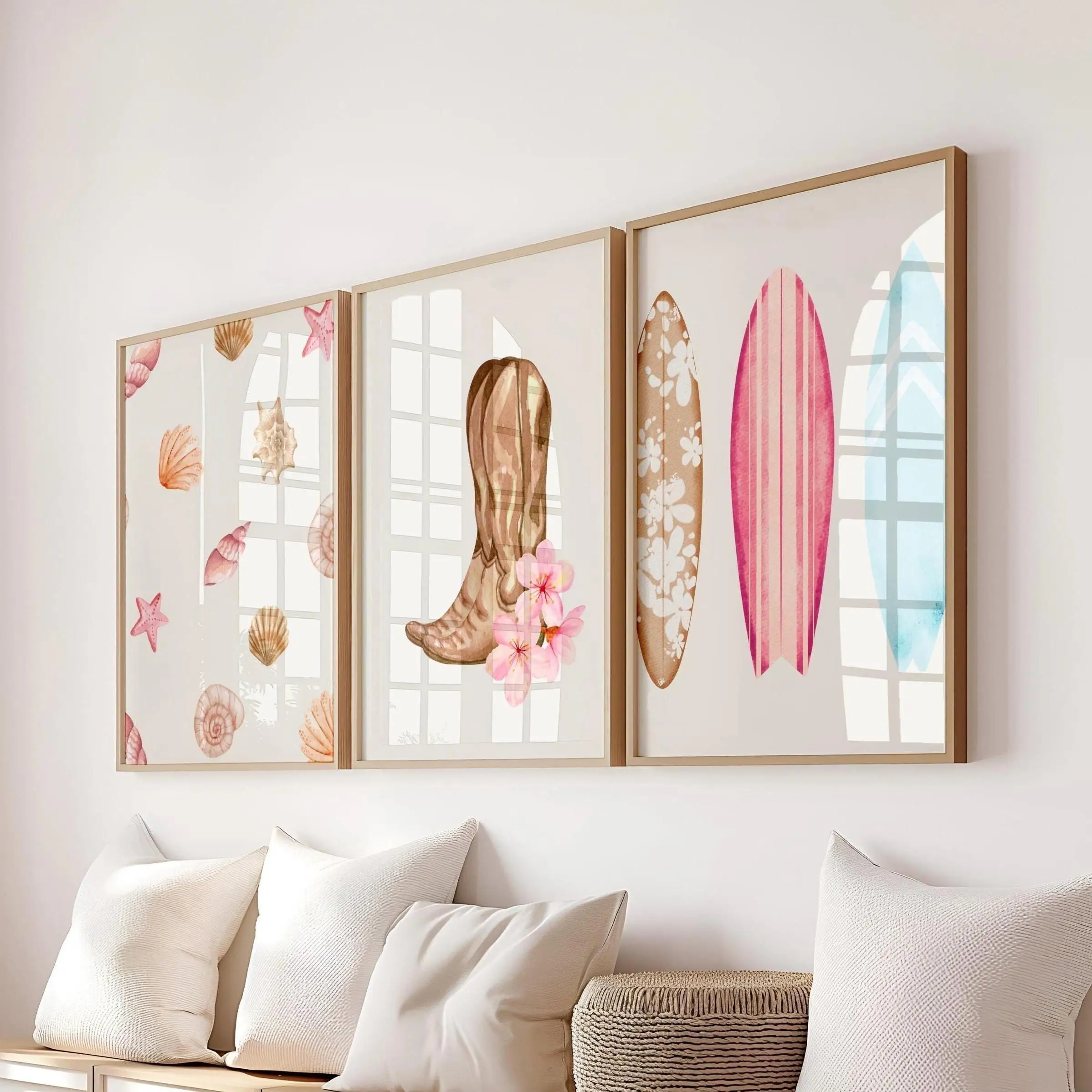 Coastal Cowgirl Decor Wall Art Seashell Beach Wall Art Pink Surf Art Coastal Wall Art Preppy Room Decor Cowgirl Surfer Art