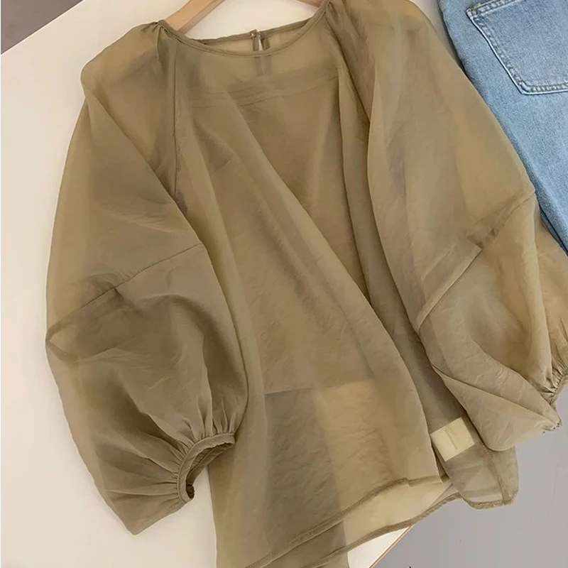 Summer New Solid Color Thin Style Blouse Women Vintage Elegant Breathable Pullovers High Street Casual Loose All-match Youth Top