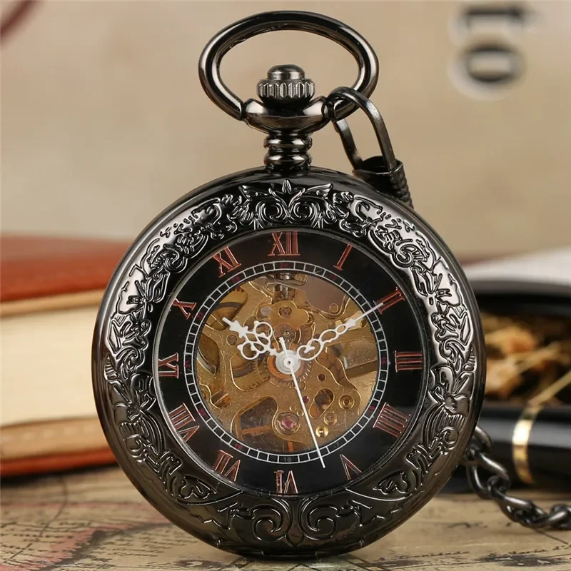 Classic Style Roman Number Display Men Women Skeleton Mechanical Hand-Winding Pocket Watch Pendant Chain Timepiece reloj
