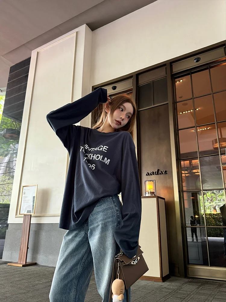 

MSKIN6 Vintage Waed Linen Blue Long Sve T-irt Women Loose Fit Comfortable Skin-friendly Street Sle Photoaphy