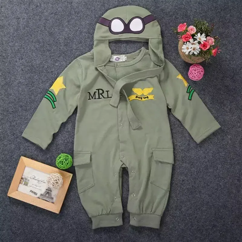 Newborn Aviator Costume Set: Cotton Baby Boy Pilot Jumpsuit with Hat, Long Sleeve Romper Bodysuit for Toddlers & Infants