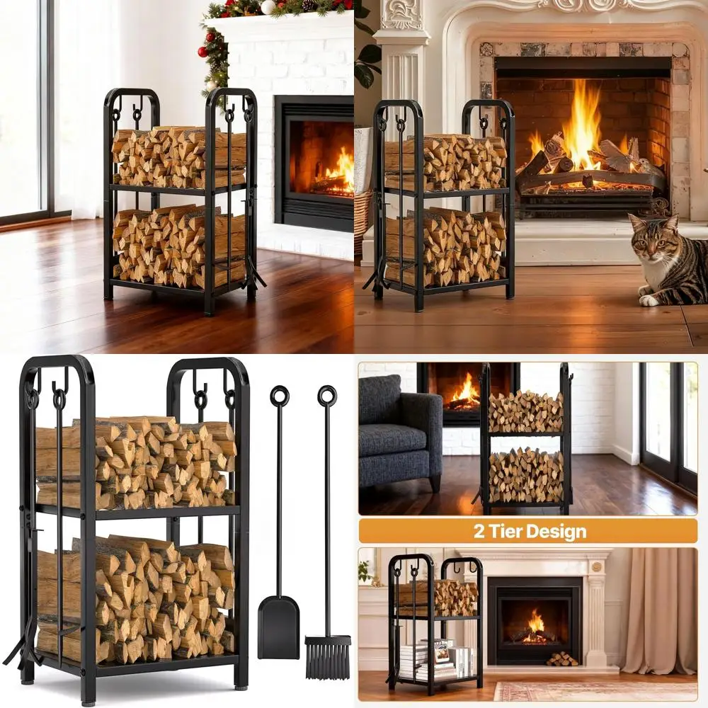 

Vaie irewood Rack Indoor with 4 Pieces Long&Detachable ireplace Tools, Heavy Duty Steel 2-Tier irewood Holder Storage, Log Rack