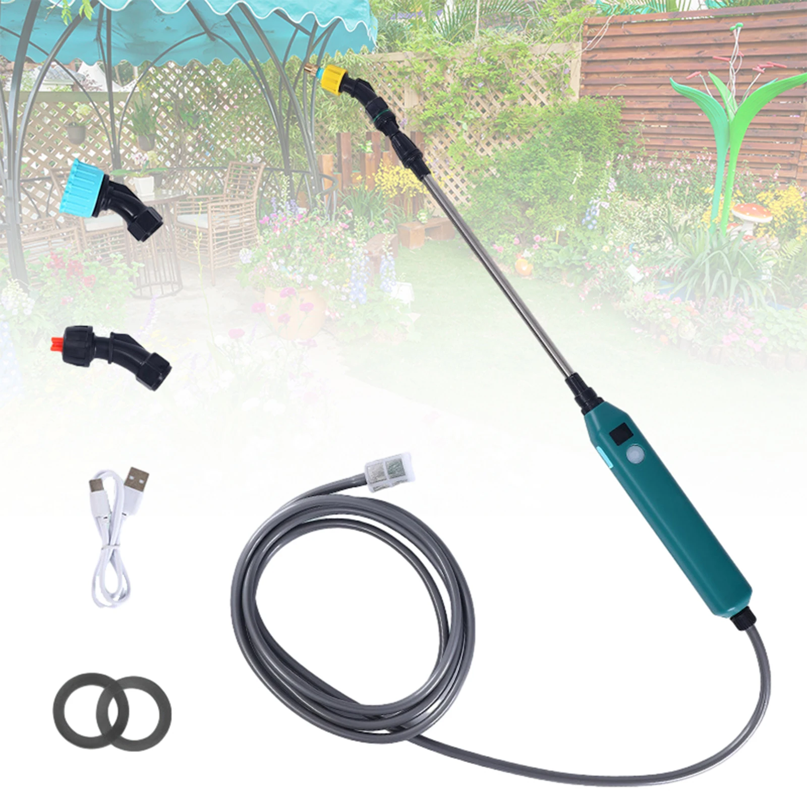 Electric Pesticide Spray Rod Water Spray Nozzle Attachment with 2 Washers with Water Hose Screen Display Home Garden Watering