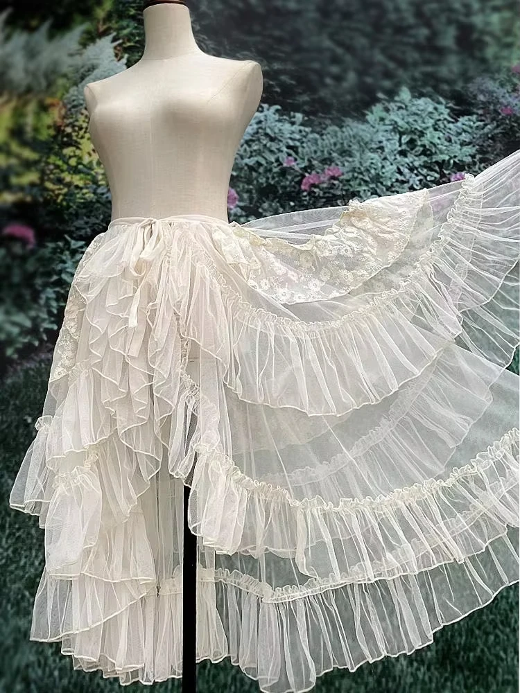 Gothic Lolita White Long Skirt Asymmetrical Lace Mesh Ruffles Fairy Princess Party Women Sheer Curtain Thin Cover up Cute