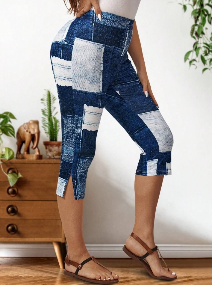 2024 New Fashion Women's Pants Elegant Sexy Imitation Denim Printed Tight Fitting Seven Quarter Casual Pants