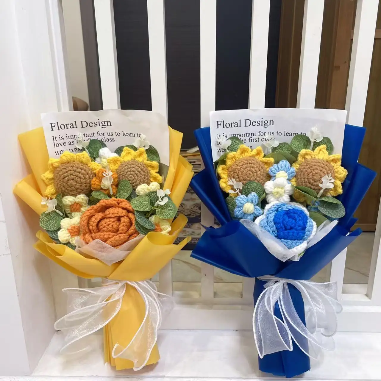 Finished Knitted Sunflowers Roses Artificial Crochet Flowers Bouquets Stuffed Plants Valentine Mothers' Day Birthday Graduation