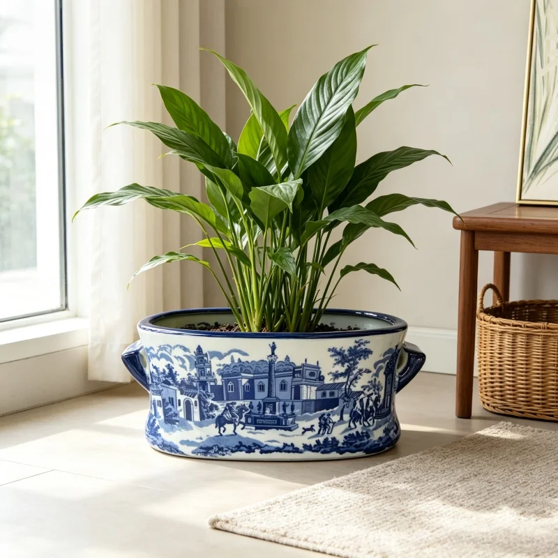 Blue and white landscape rectangular ceramic pot decorative flower pot for flower arrangement home