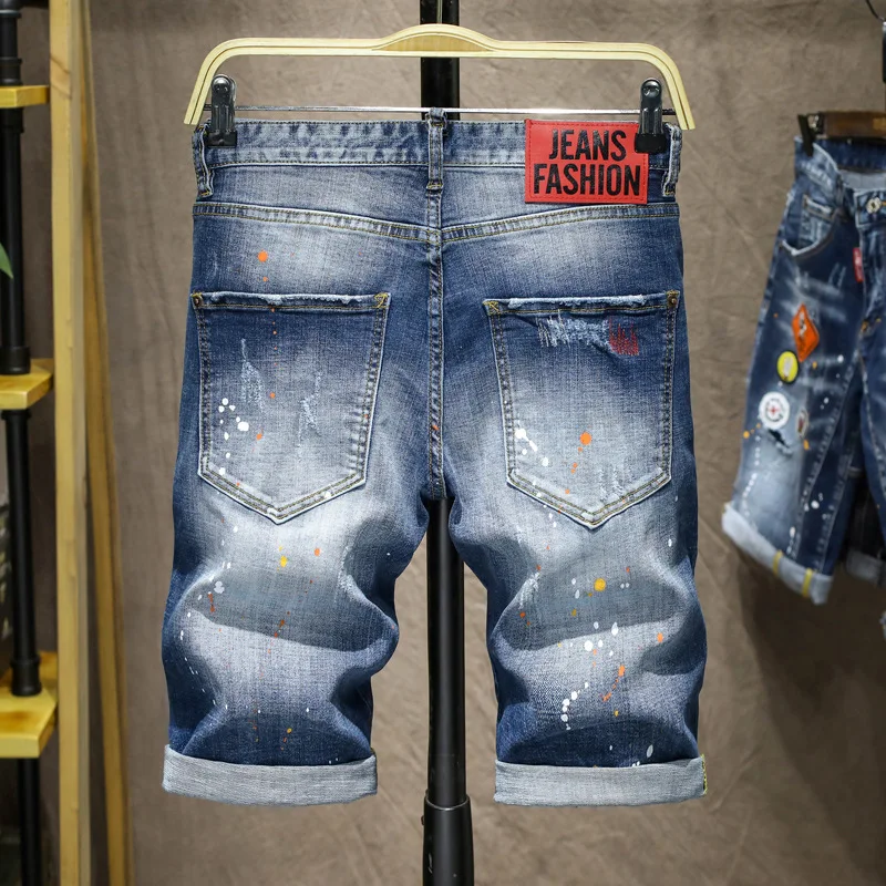 Summer Paint Point Denim Pants Men Stretch Ripped Patch Jeans Shorts Color Thread Embroidered Hand Painted Flip Red Ear Cotton 2