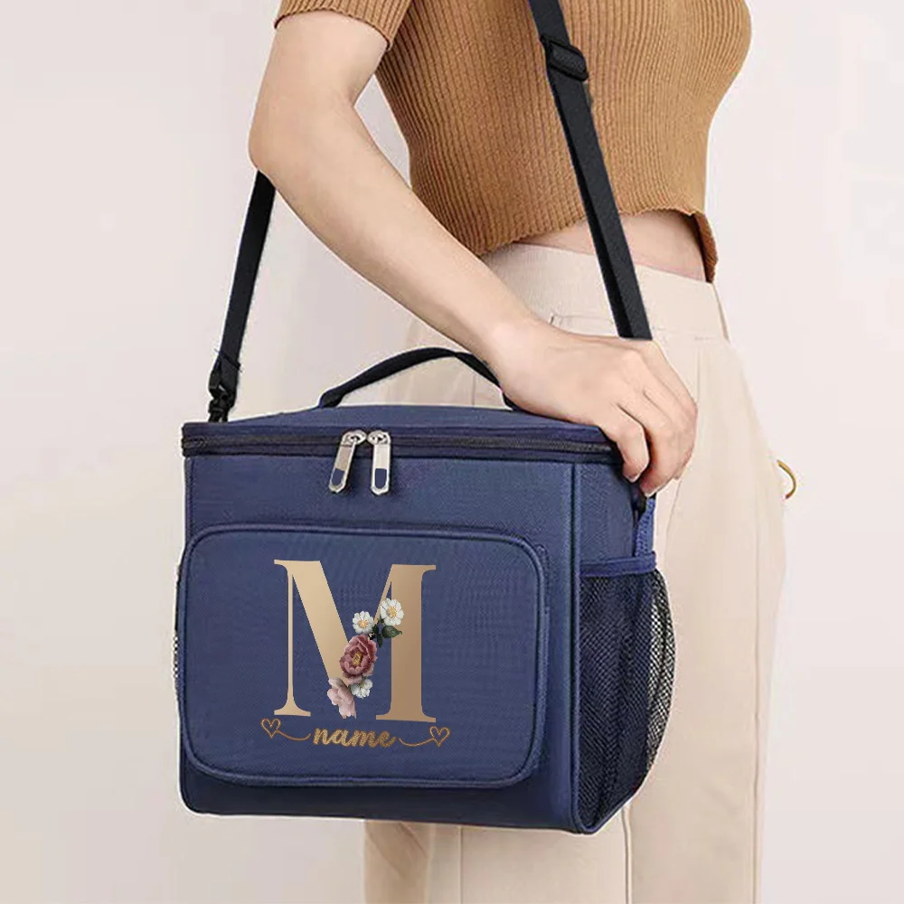 Customizable Name: Blue Lunch Bag Insulated Handbag Rose Gold Series Multi Functional Picnic Lunch Box Waterproof Lunch Box