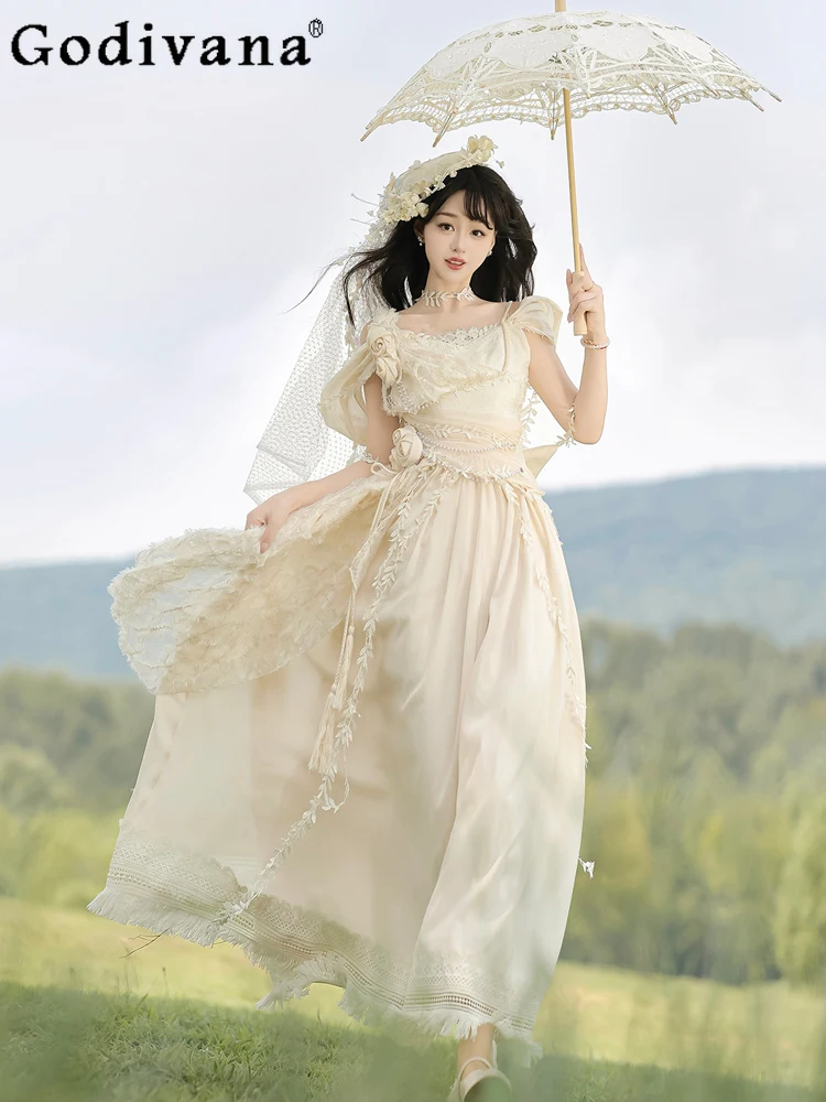 

Elegant Lolita Elegant Fairy Sweet Princess Jsk Long Dress Spring and Summer New High Waist A-line Slash Neck Suspender Dresses