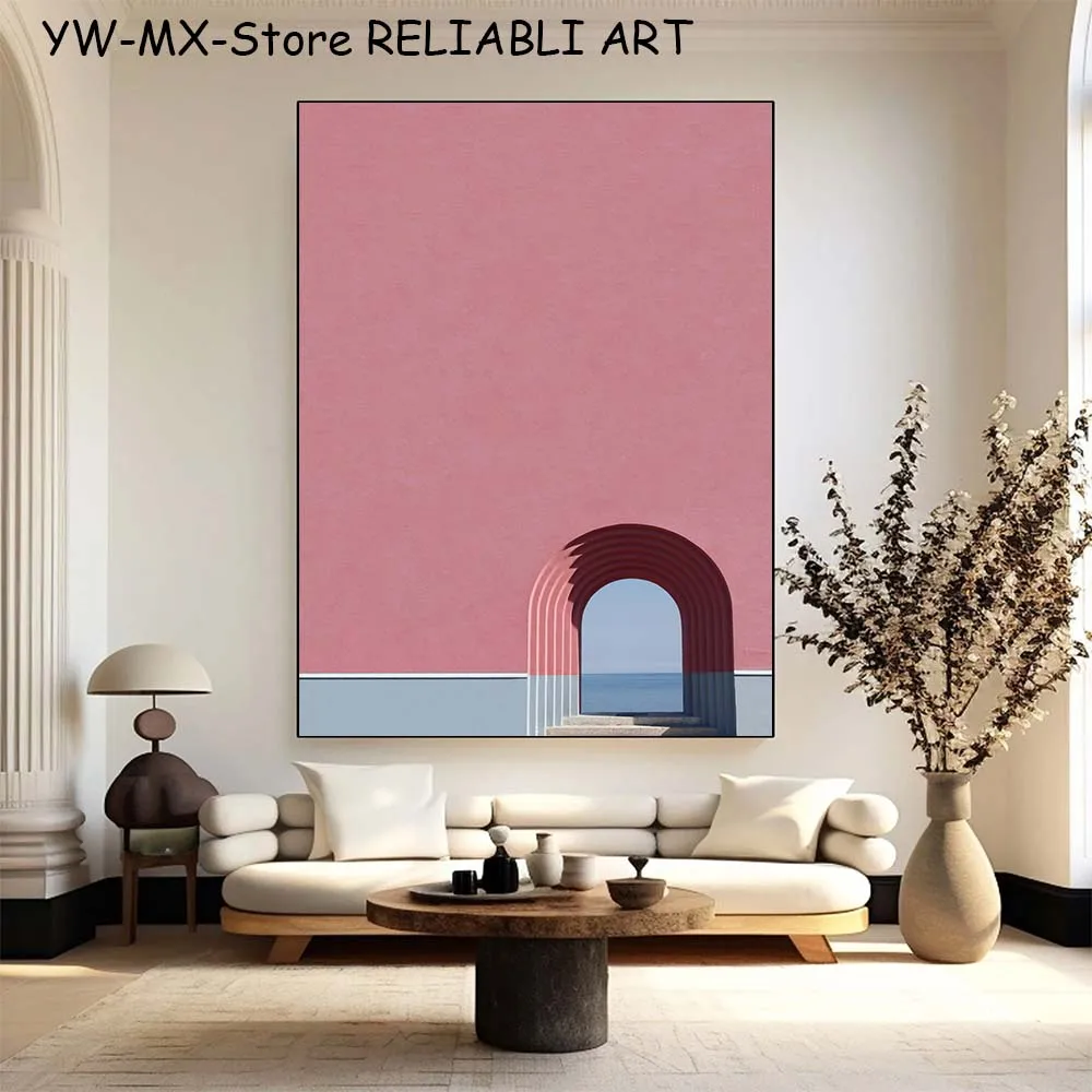 Pink Black and White Geometric Lines Building Landscape Posters and Print, Canvas Painting, Wall Art for Living Room, Home Decor