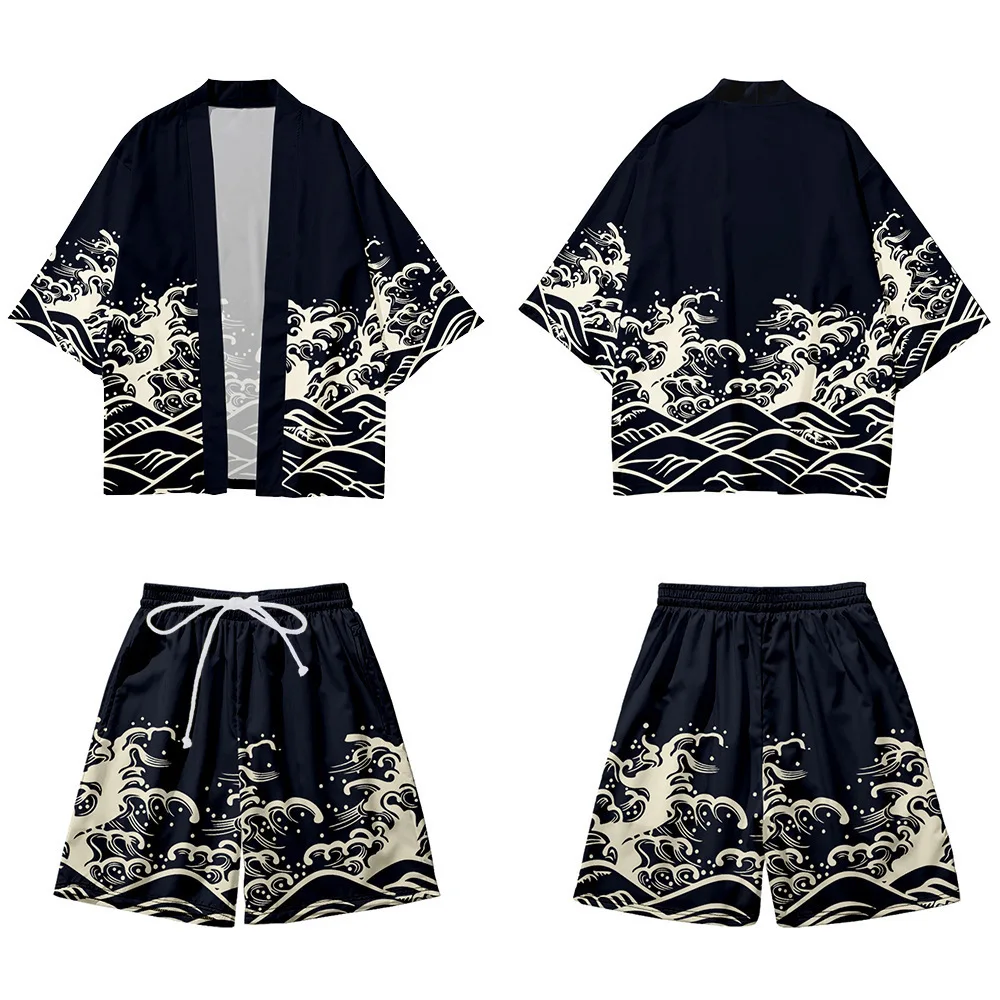 Japanese Style 3D Digital Color Printing Kimono Halloween Cosplay Anime  Fun Feather Weaving Cloak Set Summer Home Bathrobe