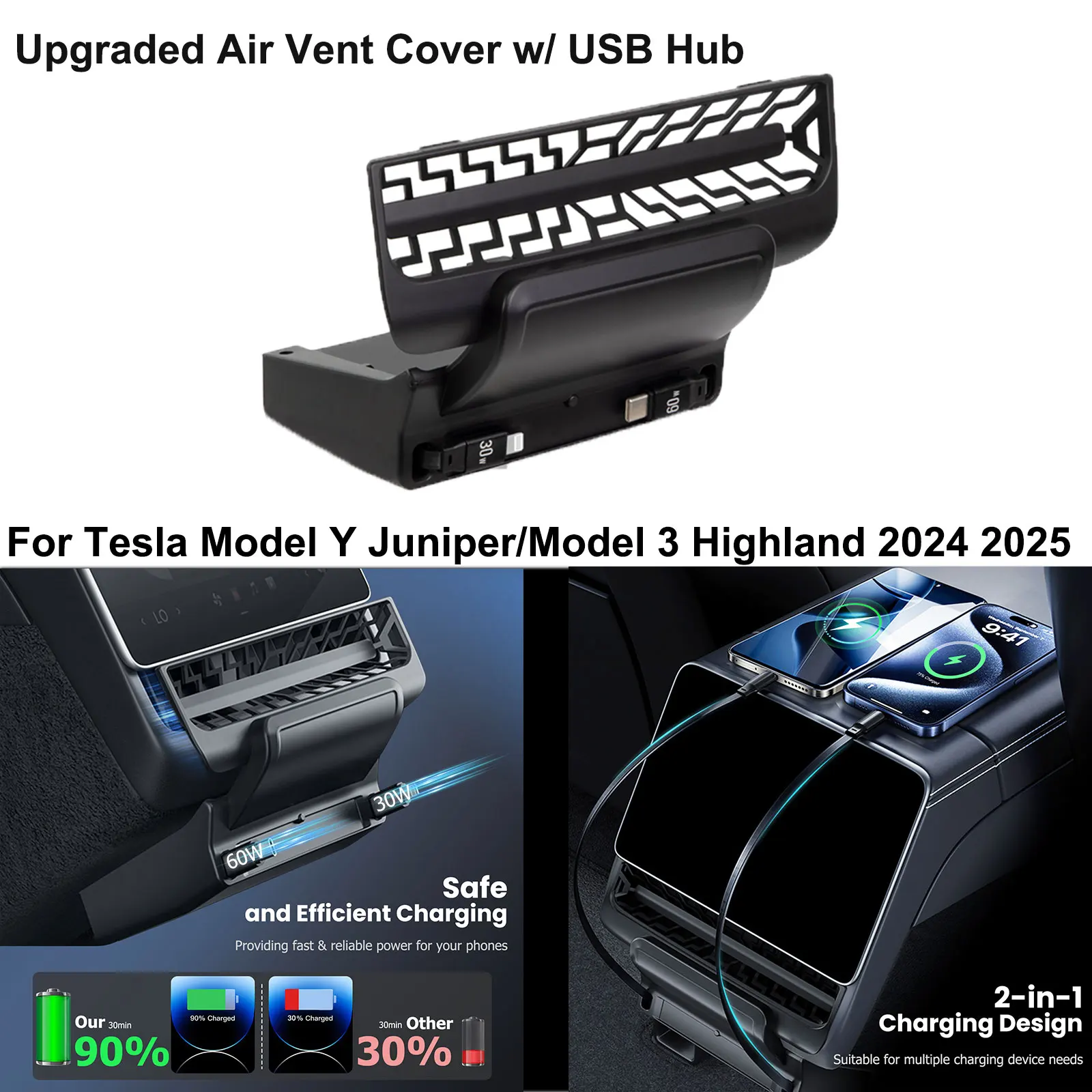 

NEW Car Air Vent Cover w/ USB Hub Docking Station For Tesla Model Y Juniper 2025 2026 Model 3 Highland 2024 2025 Car Accessories