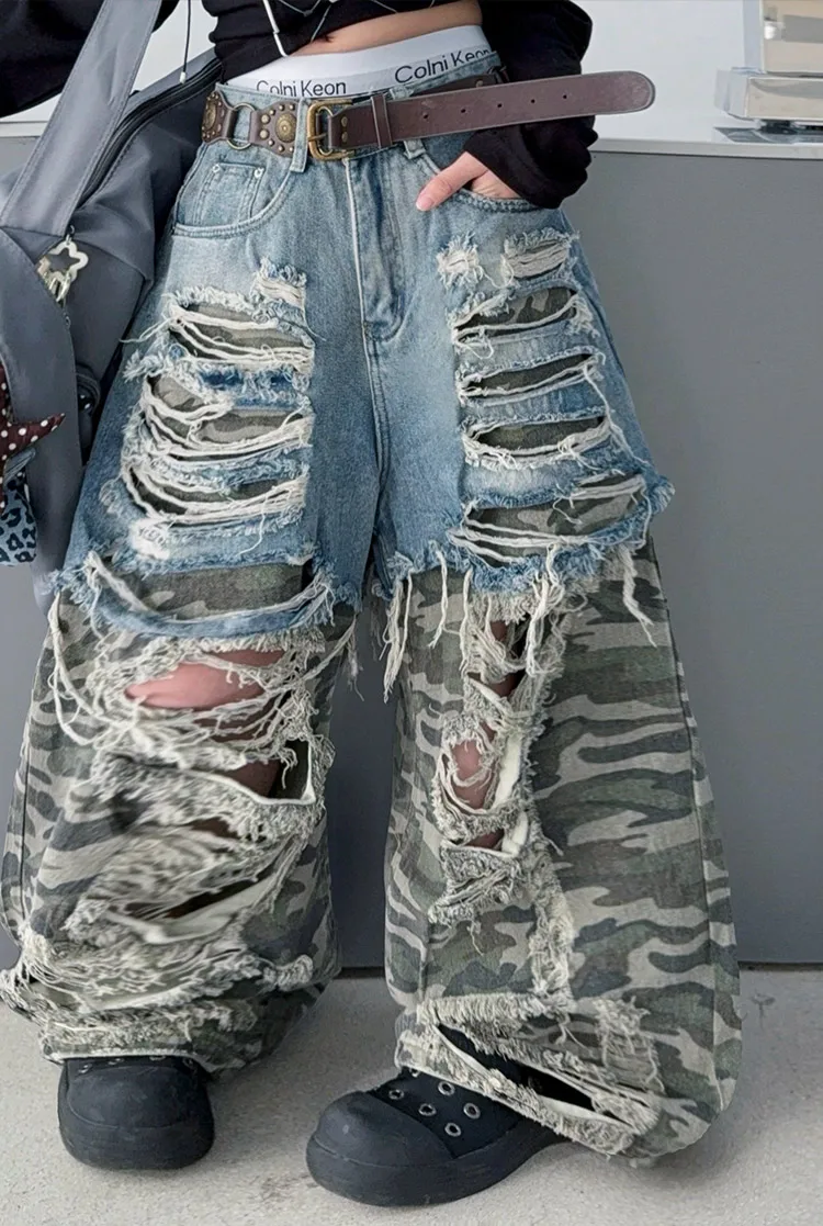 Sommer-Jeans für Teenager-Mädchen mit großen Löchern und Camouflage-Muster, Größe 4-14, Junior Hip-Hop Jazz Street Dance Kinderhose mit weitem Bein, Kinderhose – Detail 4