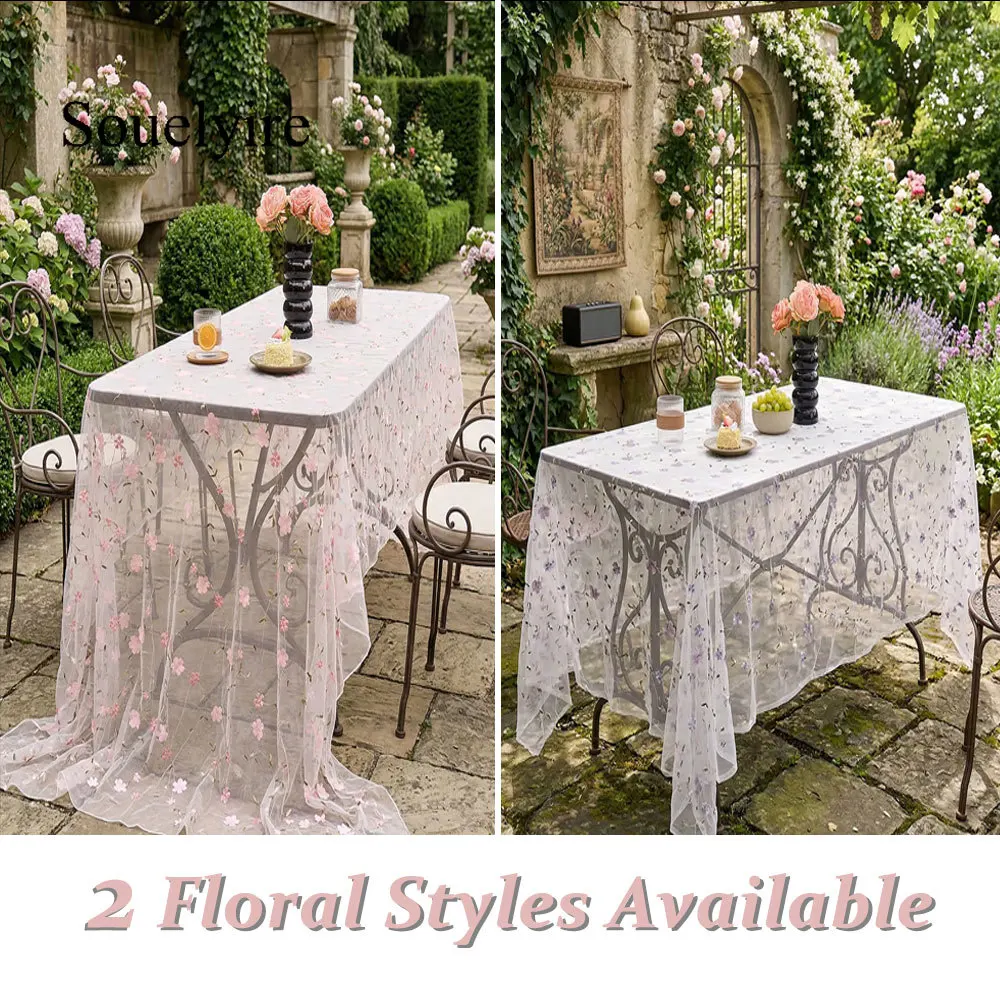 Boho Embroidered Sheer Tulle Table Runner, 3D Floral & Gold Thread Design for Party Table Decor