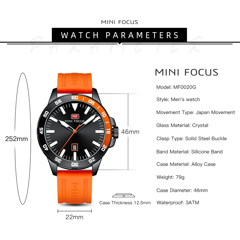 MINI FOCUS Orange Fashion Waterproof Watches Date Display Casual Silicone Strap Sports Quartz Watch for Men Luminous Hands 0020