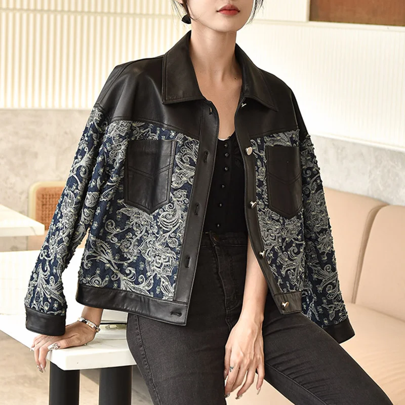 

Jacket Women's Spring 2023 Leather New Fashion Denim Stitched Sheepskin Coat Short Embroidery Lapel of suit Genuine Leather Coat