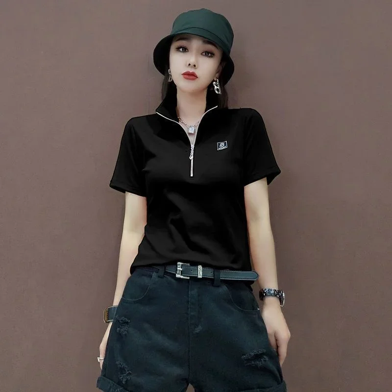 Short Sleeve Tee Top Black Clothes Polo Neck Shirt Plain Green Women's T Shirts Synthetic V Offer Comfortable Summer 2024 Sale