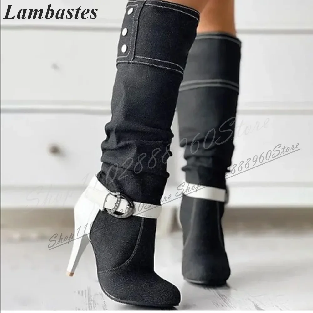 الركبة عالية مختلط الربط مشبك حزام زر الأحذية رقيقة عالية الكعب النساء أحذية الانزلاق على أشار تو 2024 موضة Zapatillas Mujer