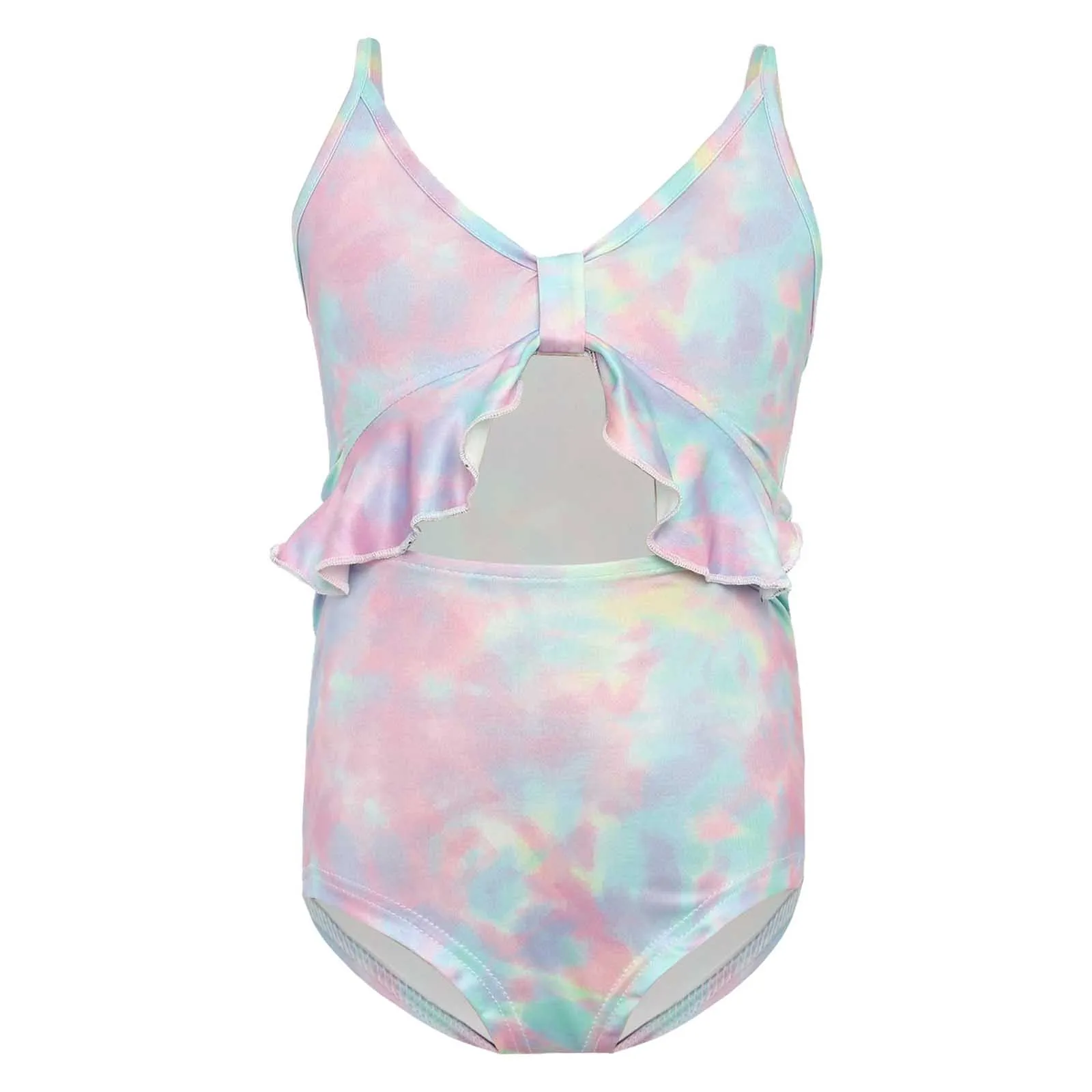 

Kids Girls One Piece Swimsuit Spaghetti Straps Front Cut Out Ruffle Jumpsuit Swimwear Leopard Print Summer Beach Bathing Suit