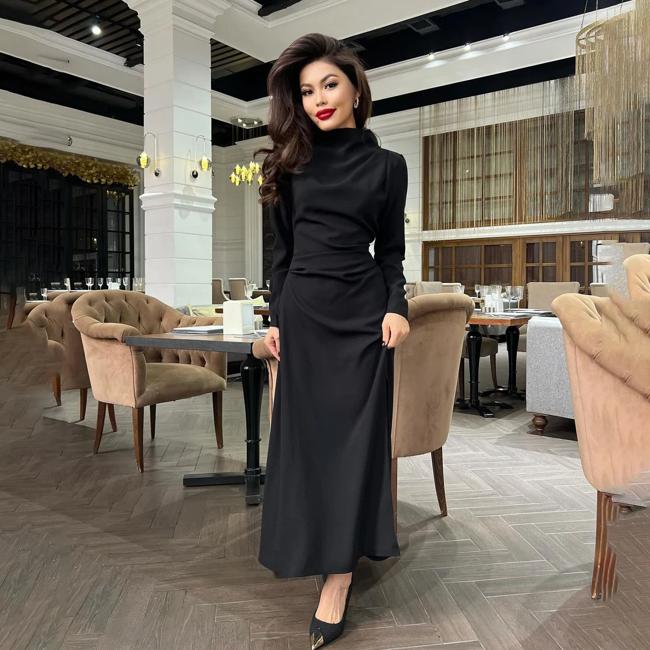 OEING O-Neck Luxury Garden Evening Dresses Pleat Sheath Long Sleeves Formal Birthday Floor Length Elegant Prom Gowns Party Women