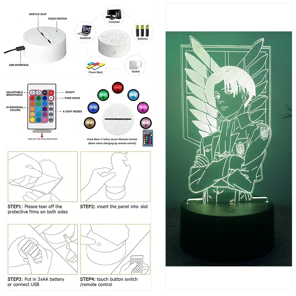 3D Lamp Attack on Titan Anime Figure Gaming Lamps Levi LED Night Light RGB Remote Control Home Room Decor Child Nightlight Gifts