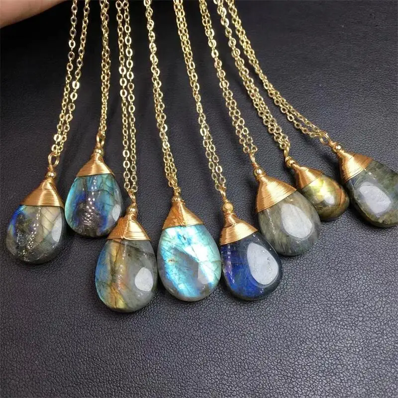 Natural Labradorite Cooper Wire Pendant Crystal Jewelry Accessories Energy Lucky Stone Healing Fashion Classic Jewelry Gift 1pcs