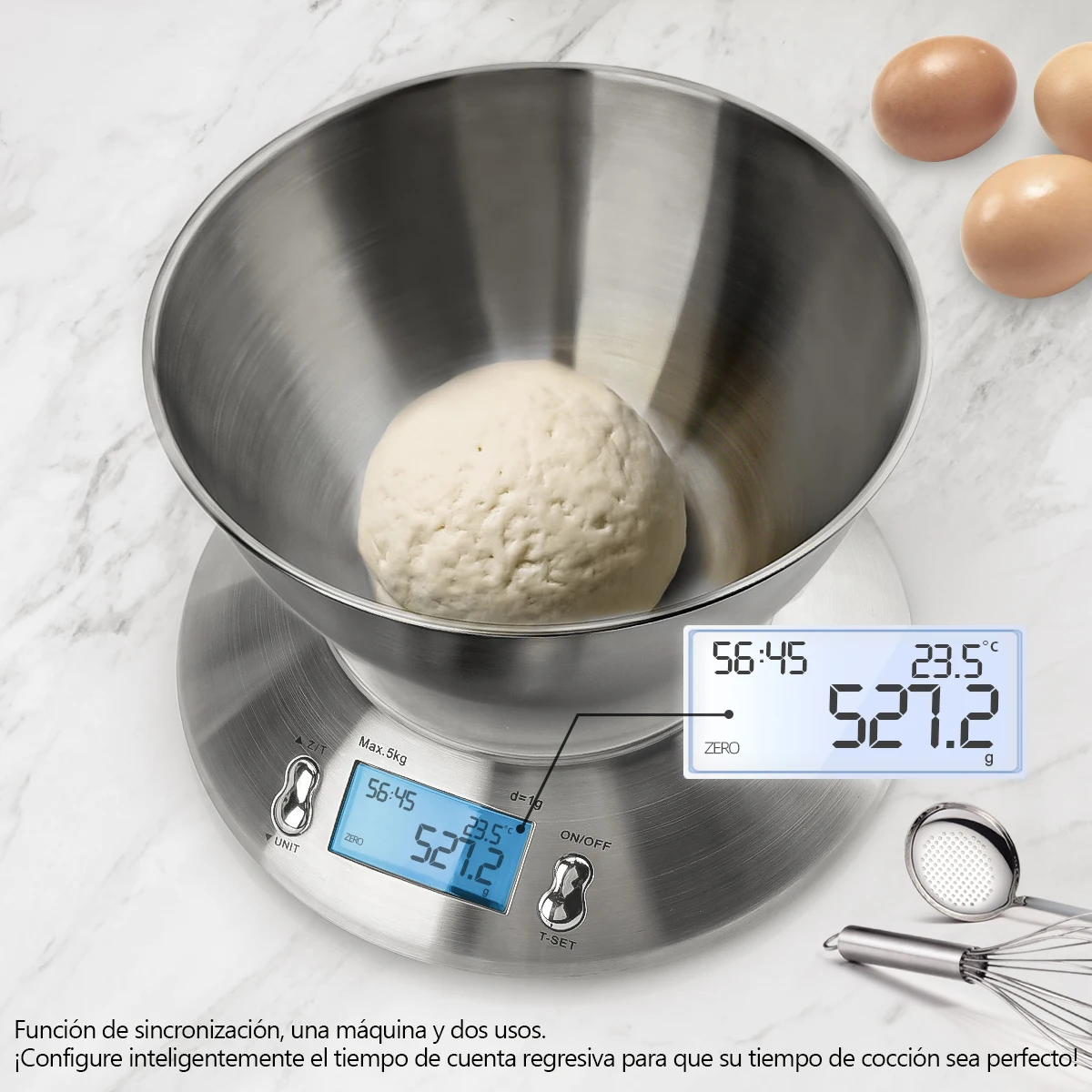 Digital Kitchen Scale High Accuracy 5kg/1g Food Scale With Removable Knead Dough Bowl Room Timer Stainless Steel