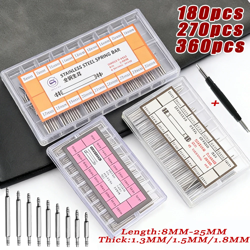180pcs Strainless Steel Spring Bars Dia 1.3mm/1.5mm/1.8mm Length 8mm-25mm Watchband Belt Watch Repair Tool Pin for Leather Strap