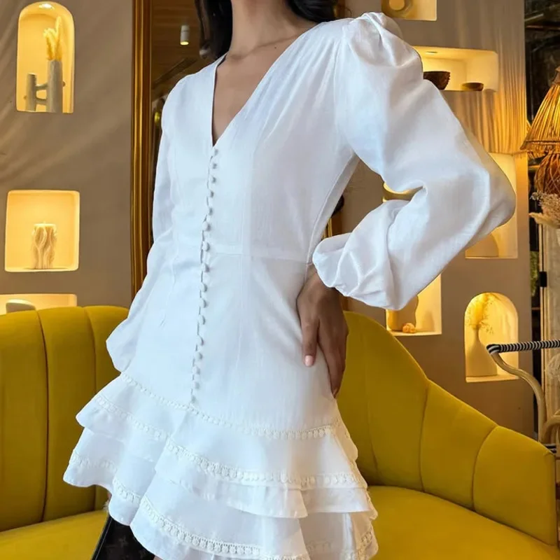 

Elegant Solid Color V Neck Single Breasted Dress Classic High Waisted Long Sleeved Pleated Skirt Fashion Women Cotton Mini Skirt