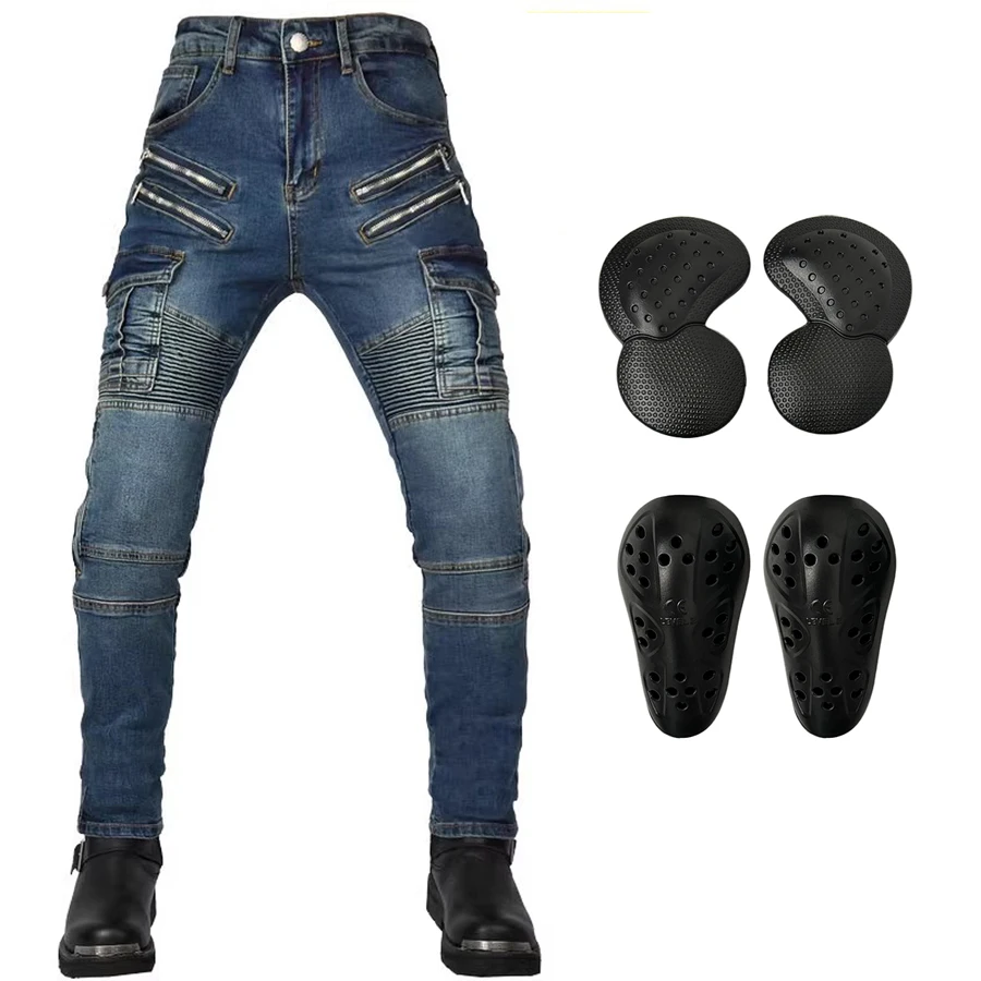 Classic Motorcycle Riding Jeans with Knee Hip Pads Motocross Racing Pants Black Blue Motorbike Cycling Trousers Protective Pants