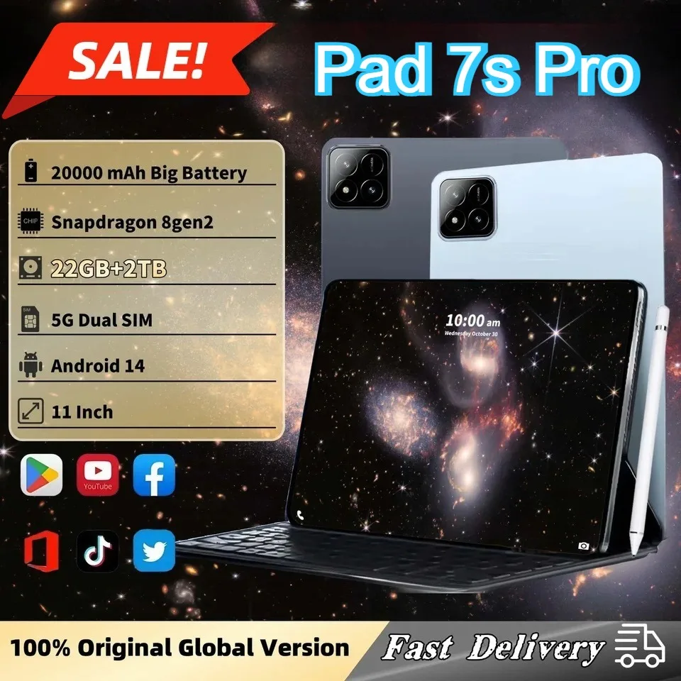 

Оригинальный планшет Pad 7s Pro, 2025 г., 11 дюймов, 20000 мАч, глобальная версия, Android 14, 22 ГБ + 2 ТБ, планшеты, 4G, 5G, Dual SIM, WIFI для детей, ПК