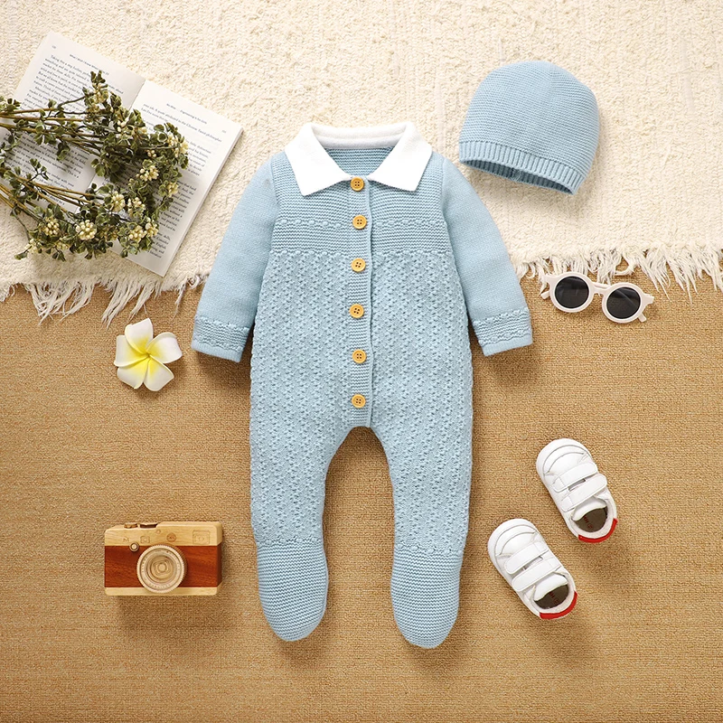 

Baby Clothes Autumn Winter Knitted Newborn Boys Girls Rompers Hats Outfits Sets 2pcs 0-9M Infant Long Sleeve Jumpsuits Playsuits