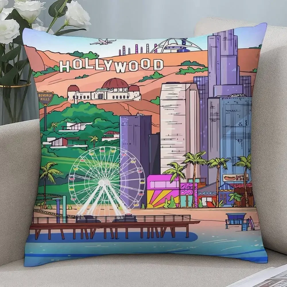 Mode Los Angeles Kissenbezug Kurze Plüsch doppelseitiger Druck Quadratische Dekokissenbezüge Sofa Home Kissen Dekor