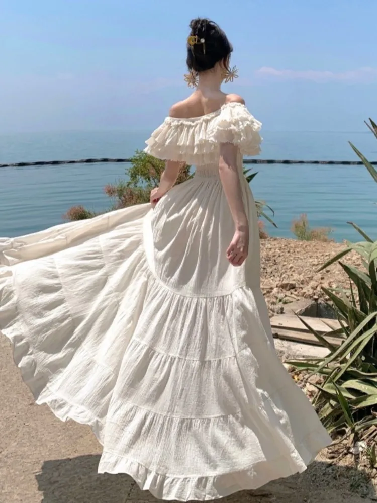 Feminino elegante sem alças em camadas babados a linha vestidos bege sexy fora do ombro magro plissado vestido longo roupas de festa de férias