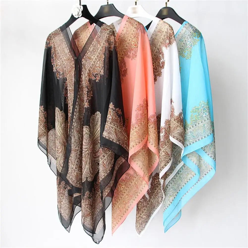 Women Chiffon Shawl Scarf Vintage Flower Print Sun Scarf Poncho Elegant Cover Up V Neck Anti UV Cashew Flower Scarf