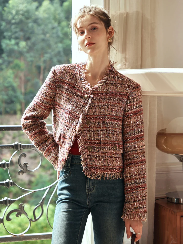 

OLrain Women's Tweed Jackets 2025 Autumn Luxury Style Loose Fit Tassel O Neck Long Sleeve Elegant Commute Outerwear G24CN88158